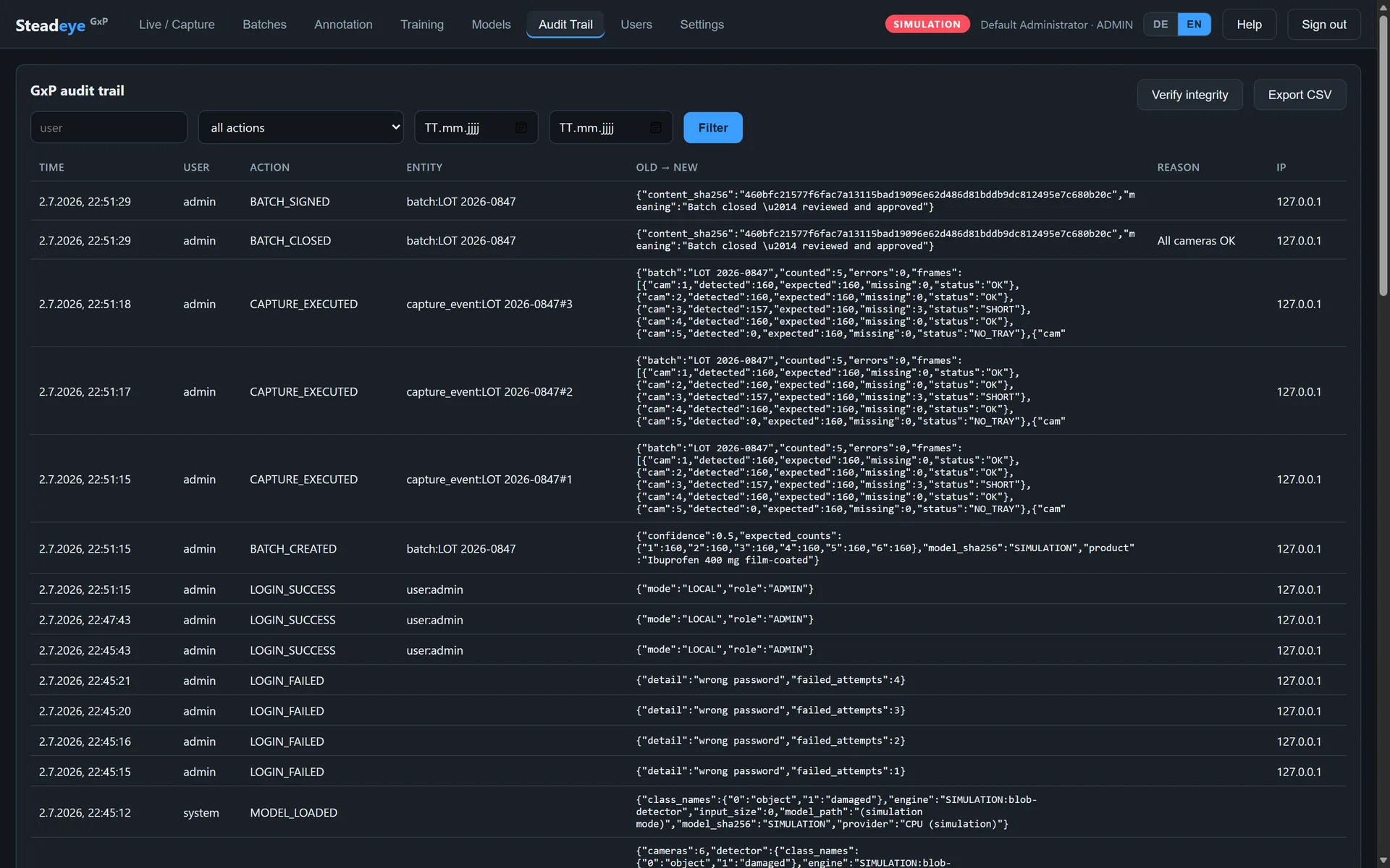 Steadeye audit trail: BATCH_SIGNED, BATCH_CLOSED and CAPTURE_EXECUTED entries with full old and new values, user, reason and IP for each event